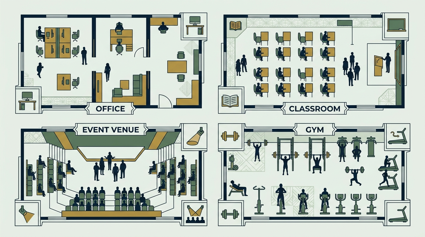 Floor plan comparison showing recommended square feet per person across office, classroom, event venue, and gym spaces