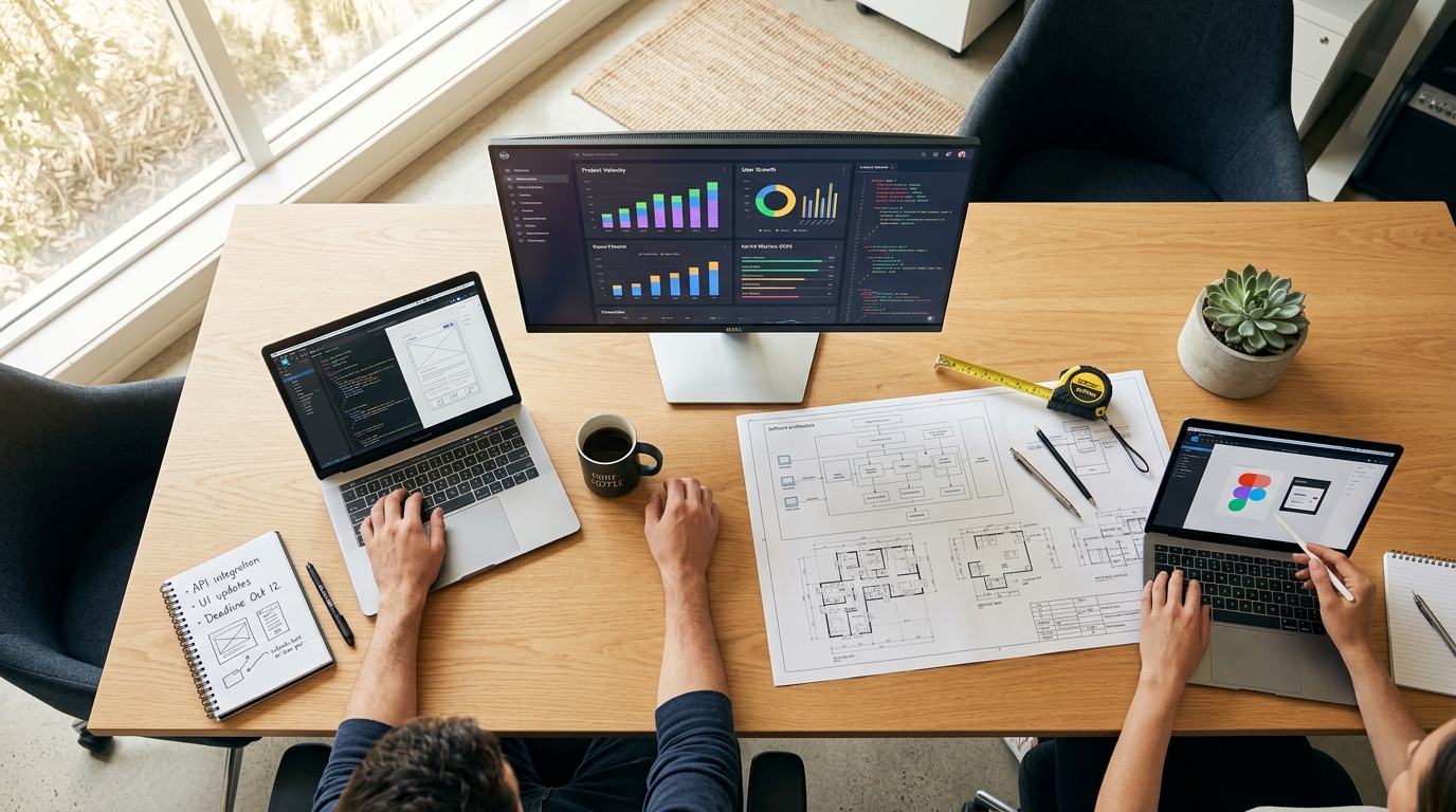 Square Foot Calculator team workspace — developers collaborating with architectural blueprints, laptops, and measurement tools on a shared desk